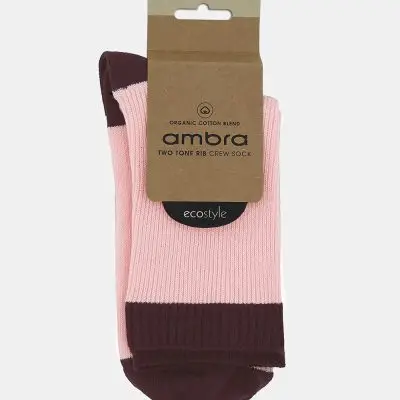 Ambra Organic Cotton Blend Two Tone Rib Crew Sock -Dahlia