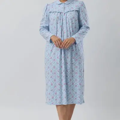 Schrank Posie Mid Length Collared Nightie - Blue