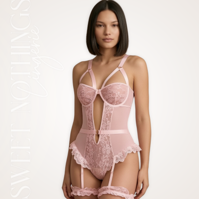 SNL Cassie Lace Gartered Teddy - Pink