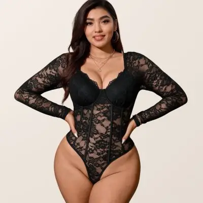 SNL Athena Long Sleeve Lace V-Neck Bodysuit - Black