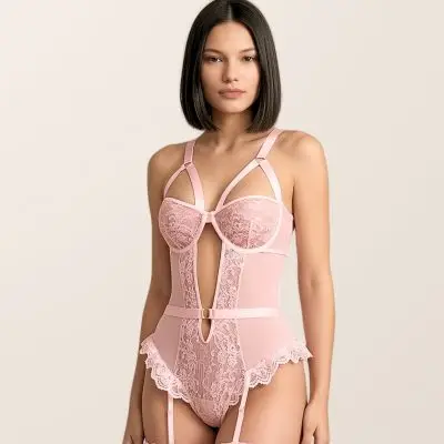 SNL Cassie Lace Gartered Teddy - Pink
