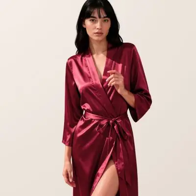 SNL Satiné Satin Wrap Robe - Burgundy