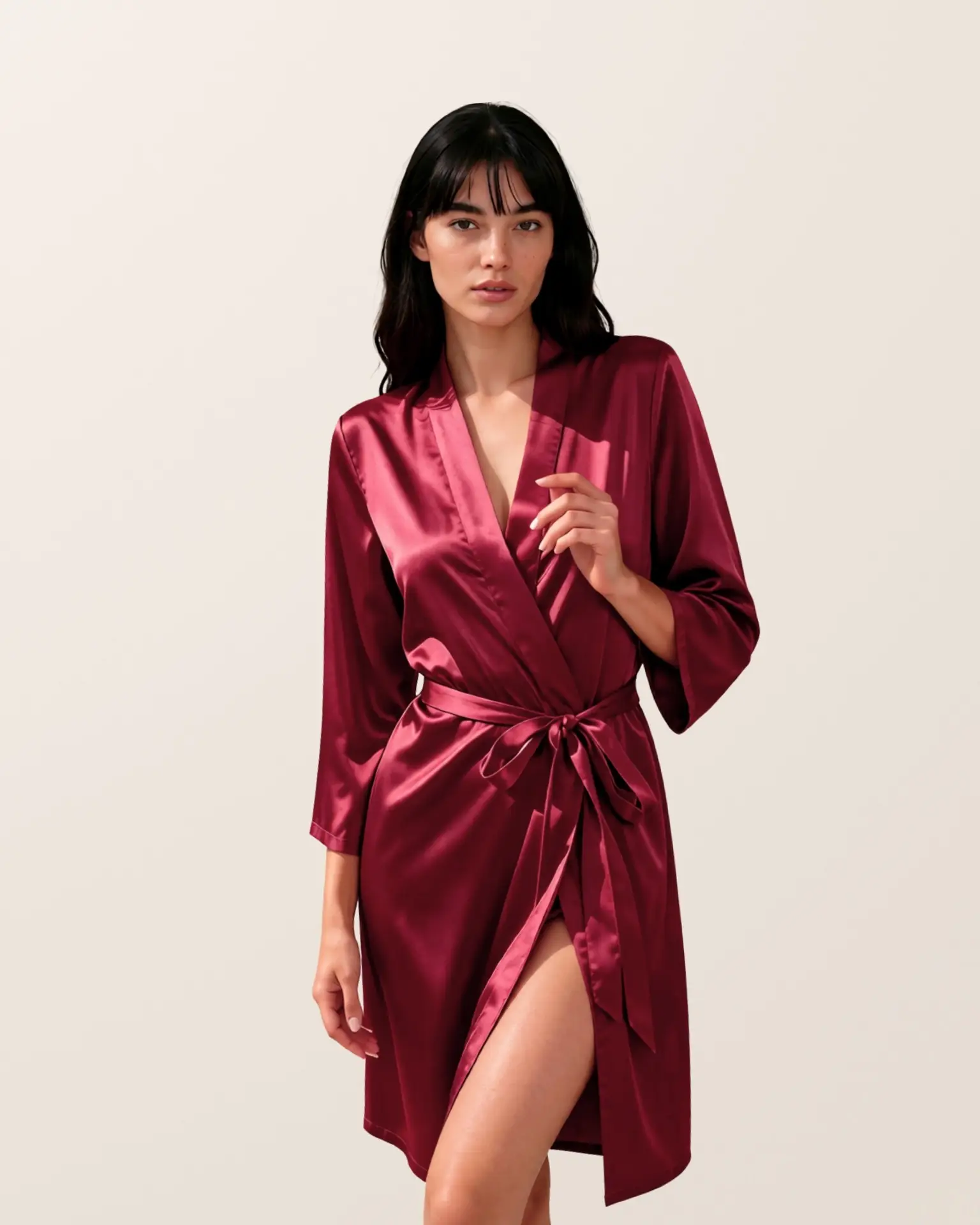 SNL Satiné Satin Wrap Robe - Burgundy